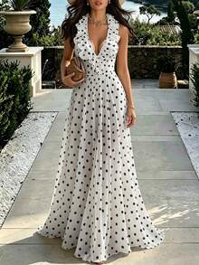 SHEIN PariChic Women's Patchwork Ruffle Polka Dot Print Halter Neck Elegant Dress - Black and White - View 2