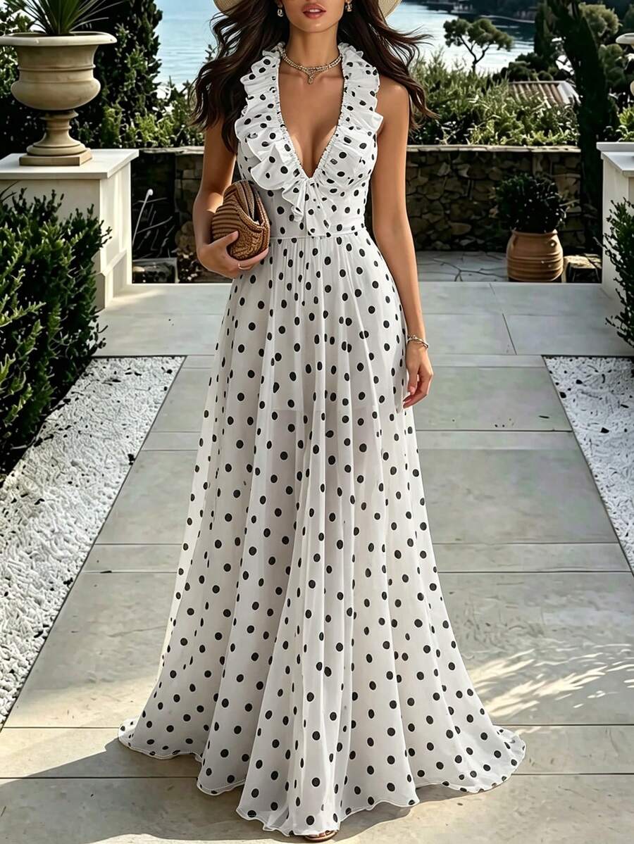 SHEIN PariChic Women's Patchwork Ruffle Polka Dot Print Halter Neck Elegant Dress