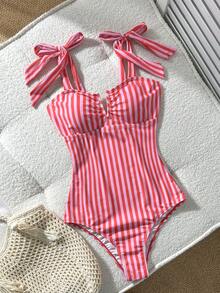 Swim Lushoire 女款一件式條紋隨機印花性感鏤空V領夏季泳衣 - 紅色 - 查看 2