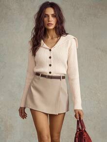 SHEIN Franclia Women's Apricot Button Comfortable Versatile Fashion Cardigan Sweater - Apricot - View 1
