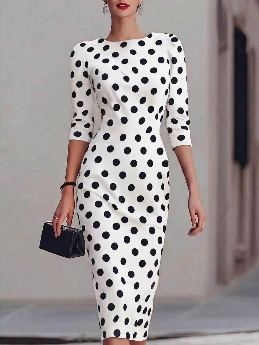 SHEIN LUNE Women's Elegant Casual Black And White Polka Dot Midi-Length Fitted Dress - Black and White - View 1