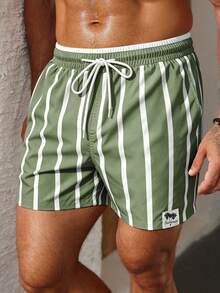 Palasendo Men's Striped Drawstring Waist Beach Shorts For Vacation - Olive Green - View 6