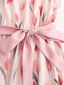 SHEIN Franclia Vestido de Praia Floral Elegante e Casual para Férias de Verão, Festival de Junho, para Mulheres, Roupa para Encontro Romântico, Sem Mangas, Decote em V, Cintura Elástica com Cinto, Vestido em Linha A - Multicolorido - Visão 8