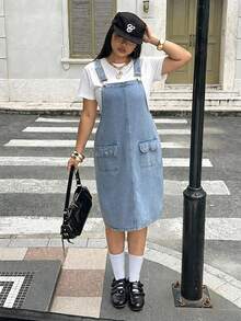 Rivivi 大尺碼女款休閒百搭水洗牛仔連身褲裙 - 淺色水洗藍 - 查看 5