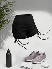Cheerettes Women's Plus Size Solid Color Pleated Casual Versatile Daily Travel Sports Shorts Black High Waist Stretch Fabric Side Drawstring Tummy Control Butt - Black - View 3