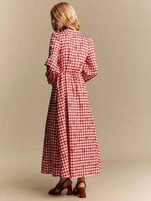 SHEIN Women's Elegant Red Plaid Print Long Sleeve Full Skirt Button Dress - Red - View 3