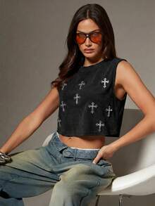 Denimoi Rhinestone Cross Charms Cropped Low Armhole Tank Top, Fashionable, Crop Top - Black - View 6