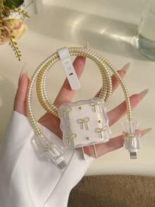 Set Pengisi Daya Mewah dengan Desain Pita Emas Mengkilap & Mutiara, Pengisi Daya 20W/18W, Pelindung Kabel Pengisi Daya, Penutup Kepala Pengisi Daya, Kompatibel dengan iPhone - Emas - View 6