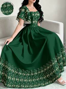 Modelyn 花卉印花時尚方領大喇叭袖短袖洋裝，夏季收腰中長洋裝，花卉圖案酒紅色長洋裝 - 彩色 - 查看 1