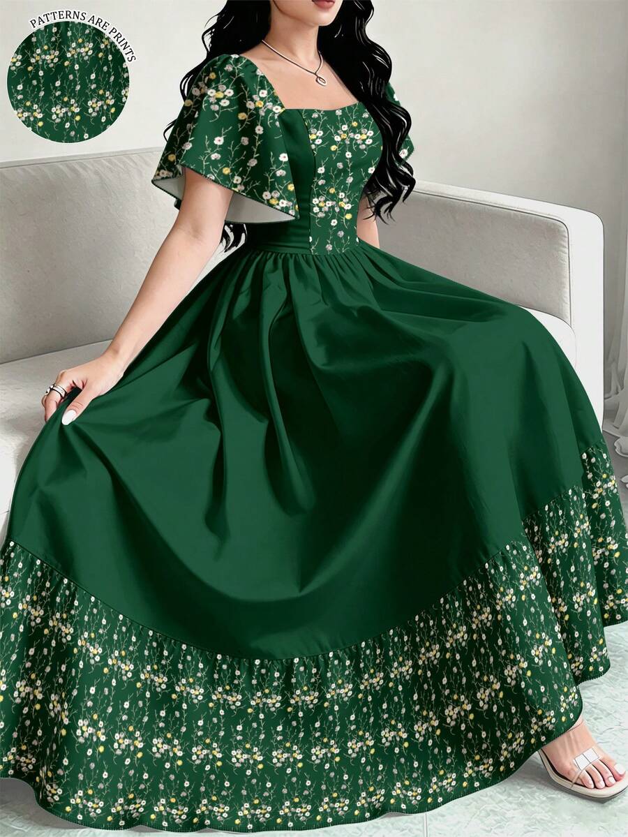 Modelyn 花卉印花時尚方領大喇叭袖短袖洋裝,夏季收腰中長洋裝,花卉圖案酒紅色長洋裝 - 彩色 - 查看 1