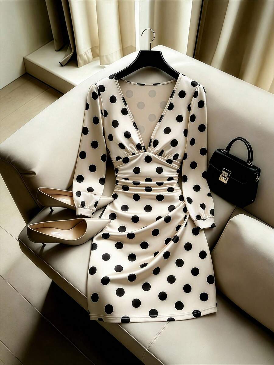 GlowEve Black White Satin Dress For Women, Deep V-Neck, Cinched Waist ...