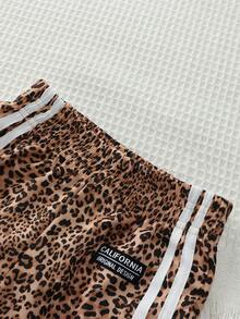 SHEIN Young Girls Long Pants, Spring/Autumn, Classic Brown Leopard Print, Vintage Athletic Style, White Vertical Stripes, Contrast Design, Back-To-School - Multicolor - View 6