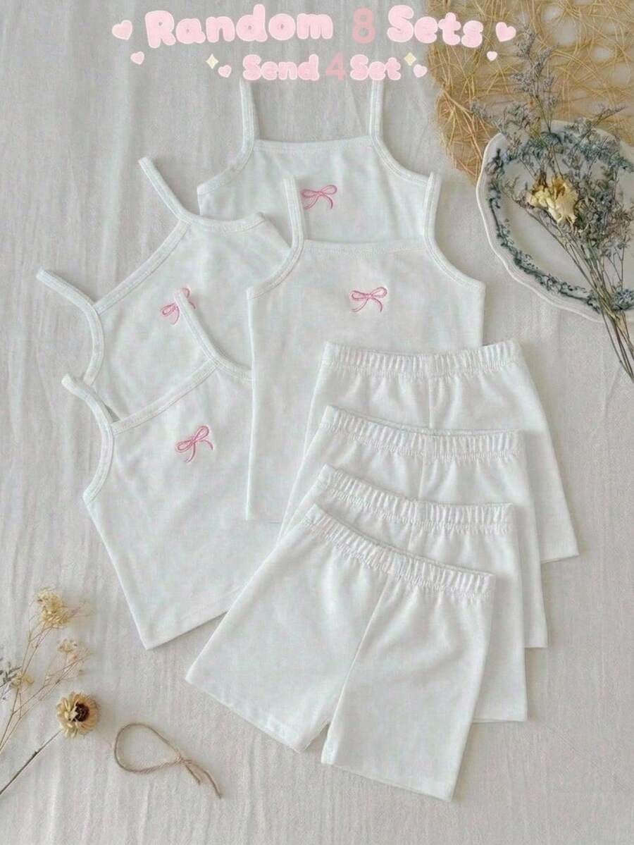 SHEIN 女童小女孩春夏細肩帶背心短褲套裝 素色吊帶背心與內搭褲內衣套裝 2件組 全季適用 - 粉色 - 查看 1