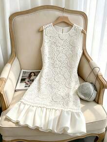 GlowEve CURVE Plus Size Women's Rose Embroidered Lace French Elegant Vintage Minimalist Fresh Lady Ruffle Hem Design Camisole Dress - White - View 1