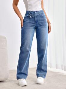 EMERY ROSE Quần Jeans Ống Thẳng Dáng Rộng Thường Ngày Có Túi Eo Bất Đối Xứng Cho Nữ - Rửa trung bình - Xem 3