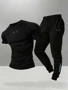 Gym Rark Men's Short Sleeve T-Shirt And Long Pants Sports Set - Black - View 1