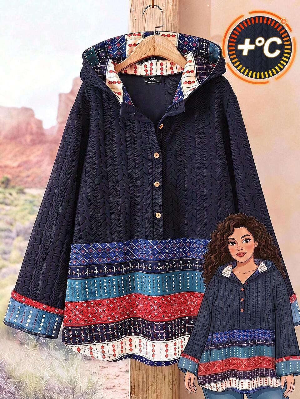 Plus Size Women's Color Block Hooded Long Sleeve Button Front Kangaroo Pocket Pullover Hoodies Bohemian Boho Hiking Vacation Autumn Dusty Blue Fall