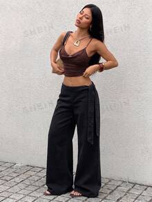 Rivivi Fashionable Tie-Up Washed Denim Wide Leg Pants - Black - View 6