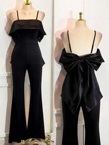 SHEIN Franclia 女士优雅缎面无肩带褶皱连体裤，后背饰有蝴蝶结 - 黑色 - 查看 6
