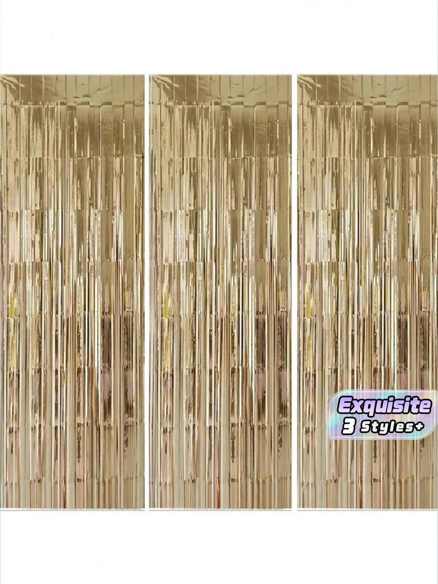 3pcs/Set 100*200cm Gold Tassel Ribbon, Curtain Shiny Metallic Texture Design, Suitable For Photography Studio Props, Birthday Party, Bridal Shower, Wedding Decoration, Background Curtain, Party Decoration, Photo Booth Props - multicolor - View 1