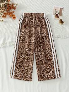 SHEIN Young Girls Long Pants, Spring/Autumn, Classic Brown Leopard Print, Vintage Athletic Style, White Vertical Stripes, Contrast Design, Back-To-School - Multicolor - View 2