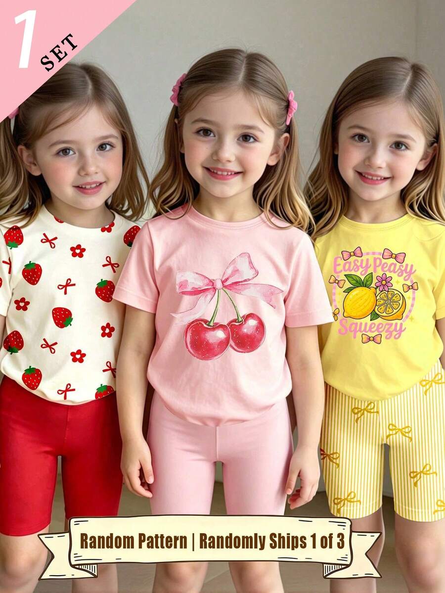 (3 Set Acak, Kirim 1 Set) Set Kaos Pendek dan Celana Pendek Biker Motif Lemon, Stroberi, Pita, dan Ceri untuk Semua Musim Semi, Panas, Musim Gugur, dan Musim Dingin untuk Bayi Perempuan, Warna Merah Muda, Kuning, Manis, Imut, dan Cocok untuk Pakaian Sehari-hari - MultiWarna - View 1