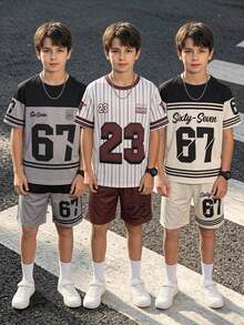 SHEIN 青少年男孩數位印花短袖T恤與短褲休閒日常套裝 - 彩色 - 查看 3