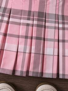 SHEIN 少女粉色格紋鬆緊腰百褶裙，可愛校園風，秋冬款 - 彩色 - 查看 7