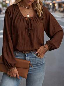 EMERY ROSE Plus Size Women's Solid Color Pleated Casual Versatile Everyday Blouse - Brown - View 5