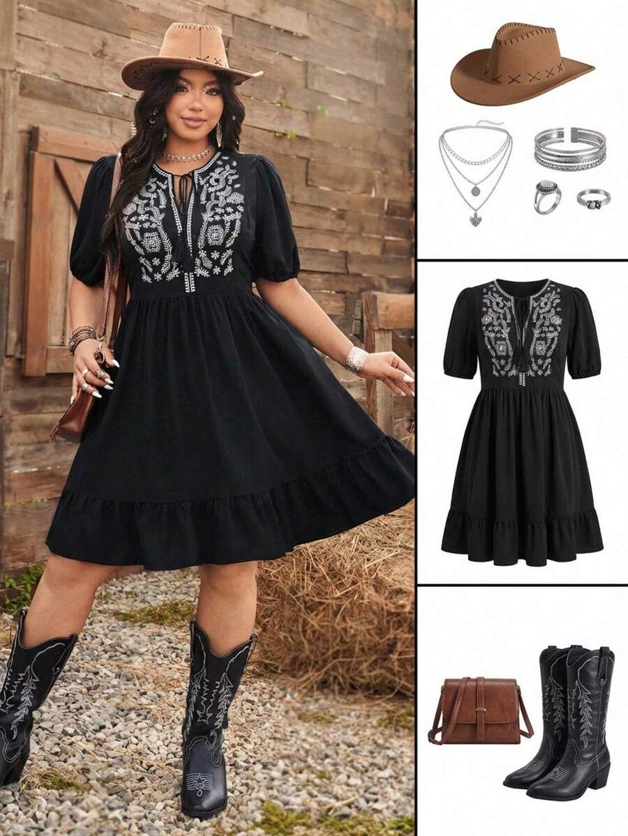 Ceyna Vestido casual de mini-férias com bordado de manga curta, Plus Size, Vestido ocidental de primavera/verão preto, vestido boho, vestido ocidental de Plus Size, vestido bordado de Plus Size, vestido de férias de Plus Size, vestido de estilo ocidental para mulheres, vestido de férias preto bordado de Plus Size, roupas boêmias para mulheres de Plus Size, vestido boho de Plus Size, looks ocidentais de Plus Size para mulheres, look para 2025, looks de rodeio para mulheres, looks de vaqueira de Plus Size, roupas góticas de Plus Size