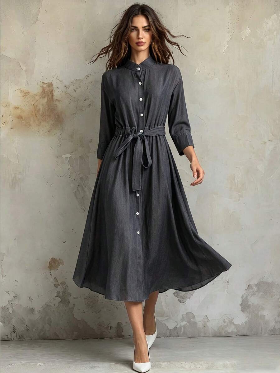 Franclia Vestido versátil elegante y chic con efecto de mezclilla - Azul - Ver 1
