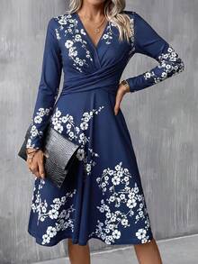 SHEIN Clasi V-Neck Waist Twist Knot Plum Blossom Print A-Line Dress - Teal Blue - View 6