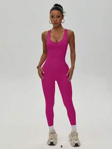 SHEIN Sports 女款無袖性感運動連身褲 - Red Plum - 查看 8