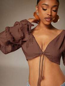 Denimoi Cropped Fringe Bell Sleeve Top Festival Outfits Concert Outfits Vacation Outfits Sexy Tops - Brown - View 2