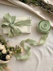Matcha Green Ruffled Ribbon For Gift Wrapping Party Decor, Stretchy Elastic Floral Ribbon For Wedding Bouquet DIY Bow Crafts, Boho Chic Hair Ties & Graduation Party Supplies - Green - View 2
