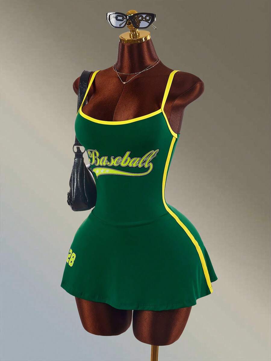 Amplova Women's Minimalist Letter Stripe Print Colorblock Camisole Sports Dress And Shorts Set Leisure Workout Green And Yellow Tennis Going Out Sexy Casual - Green - View 1