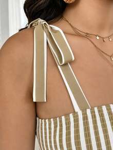 SHEIN Tall CURVE 大码女式褶皱条纹系带荷叶边下摆连衣裙 - 卡其色 - 查看 4