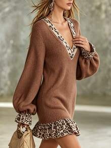 SHEIN Women's V-Neck Colorblock Casual Daily Knit Dress - Brown - View 5