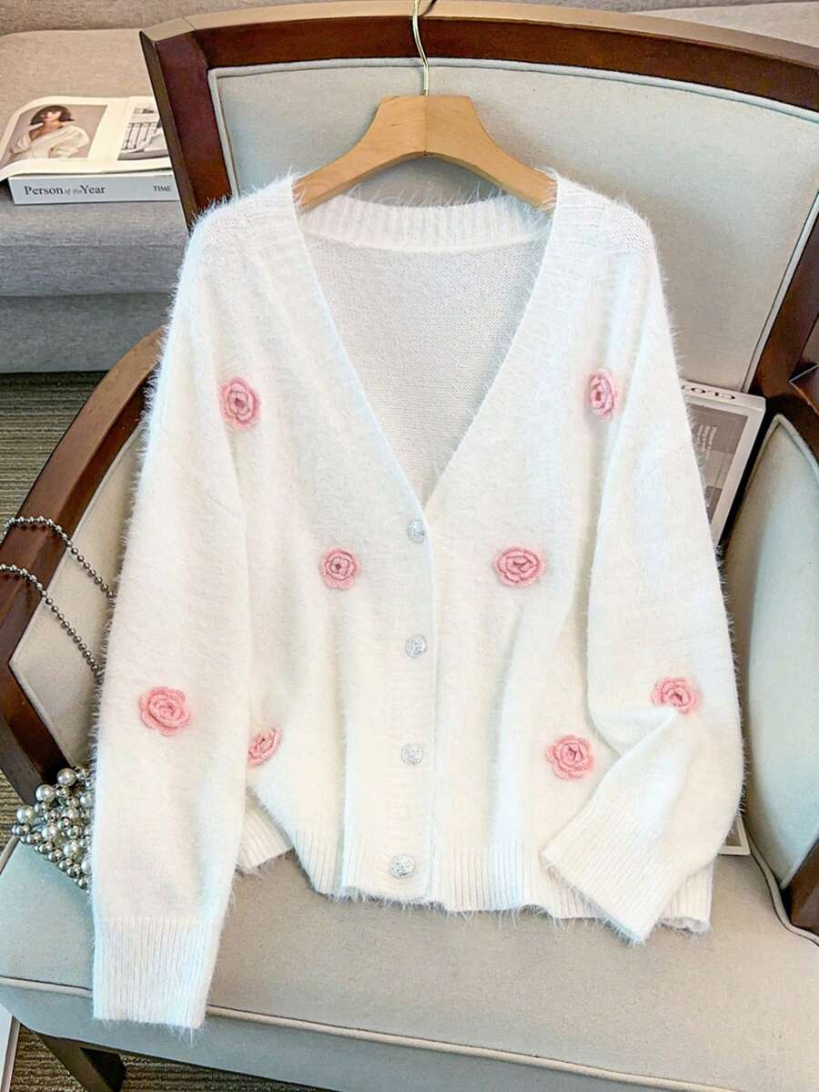 GlowEve CURVE Plus Size Elegant Contrast Color 3D Floral V-Neck Drop Shoulder Long Sleeve Cardigan - White - View 1