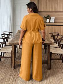 Weeklong Conjunto de 2 piezas de camisa y pantalones de talla grande, unicolor, con cordón en la cintura - Mostaza Amarilla - Ver 2