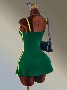 Amplova Women's Minimalist Letter Stripe Print Colorblock Camisole Sports Dress And Shorts Set Leisure Workout Green And Yellow Tennis Going Out Sexy Casual - Green - View 2