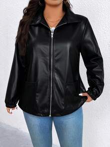 EMERY ROSE Plus Size Women's Hot-Selling Elegant Solid Color Leather Jacket With Lapel And Stand Collar, Long Sleeve Slimming Minimalist Design With Multi-Functional Pockets, Suitable For Daily Wear, Commuting, Dating And Gatherings - Black - View 3
