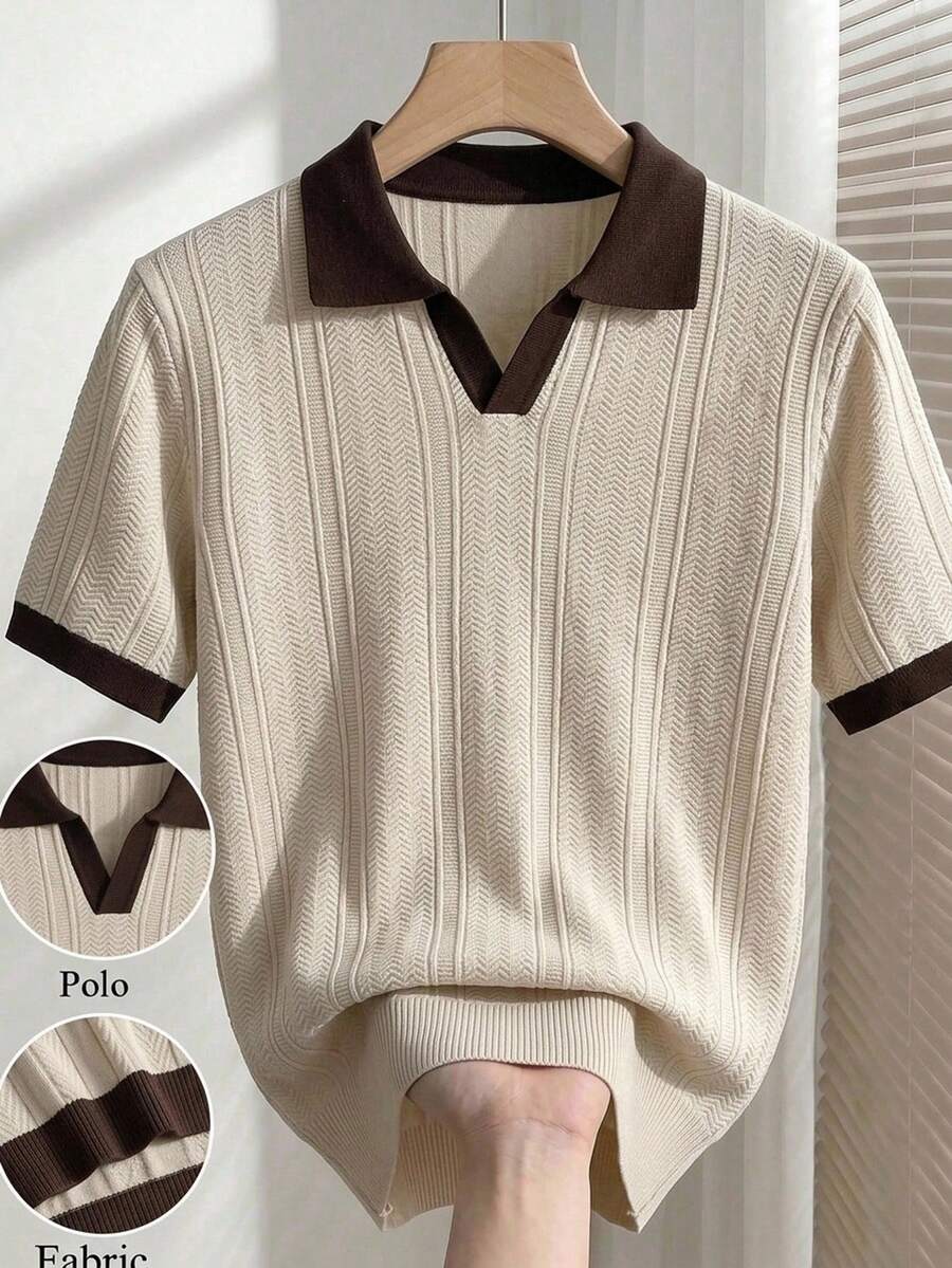 Manfinity CityGents 男士對比色短袖休閒 80 年代針織上衣 米色波點 Polo 領 度假 婚禮 辦公 夏季 - 米色 - 查看 1