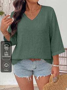 EMERY ROSE Plus Size Casual Linen Texture V-Neck Floral Print Shirt - Army Green - View 1