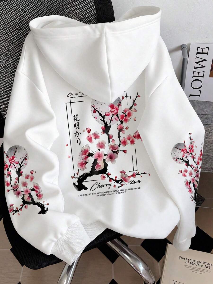 Resyla 女款大尺碼日式水墨櫻花標語圖案印花連帽衛衣，復古長袖街頭風秋季日常連帽套頭運動衫，冬季款 - 白色 - 查看 1