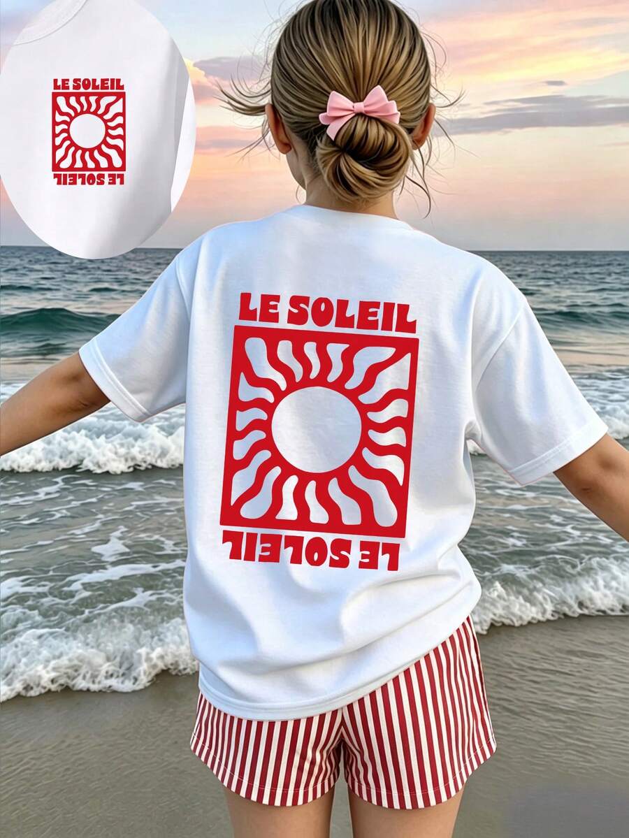 Tween Girl Fashion Creative Retro Letter & Sun Print Short Sleeve T-Shirt + Vertical Striped Shorts Set - Multicolor - View 1