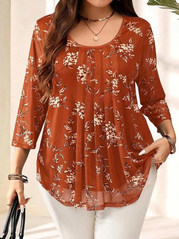 EMERY ROSE Camisa de manga 3/4 con estampado floral azul marino para mujer de talla grande, atuendos de verano para mujer otoño