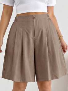 Shapeblank Plus Size Women Solid Color High Waist Pocket Pleated Wide Leg Shorts - Mocha Brown - View 7