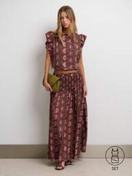 Nöista Paisley Print Two Pieces Set With Ruffle Sleeves And Maxi Skirt, Vacation Outfit For Women, Resort Wear, Fall Style Elegant Boho