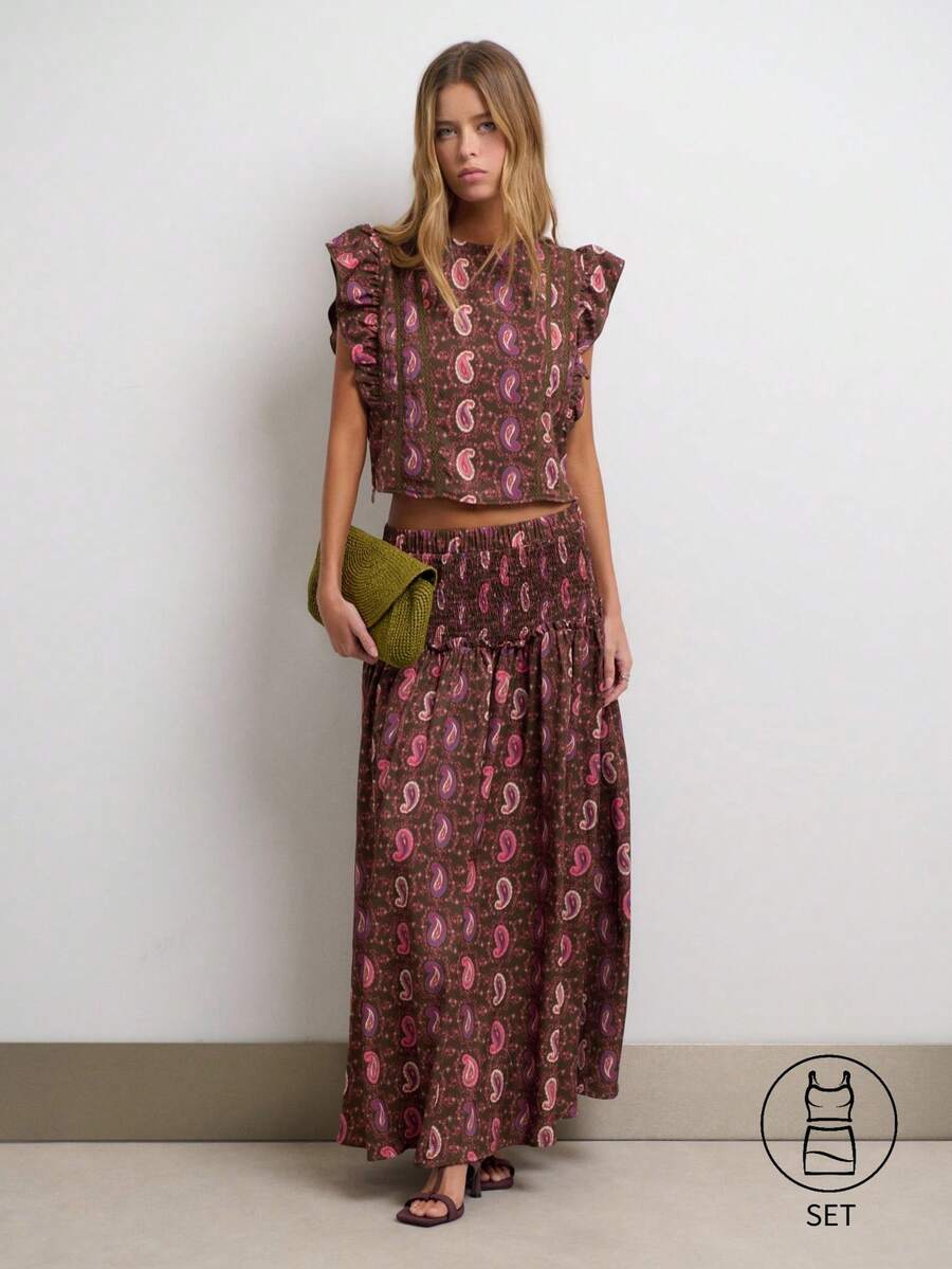 Nöista Conjunto de dos piezas con estampado paisley, mangas con volantes y falda maxi para looks de vacaciones de verano - Marrón - View 1